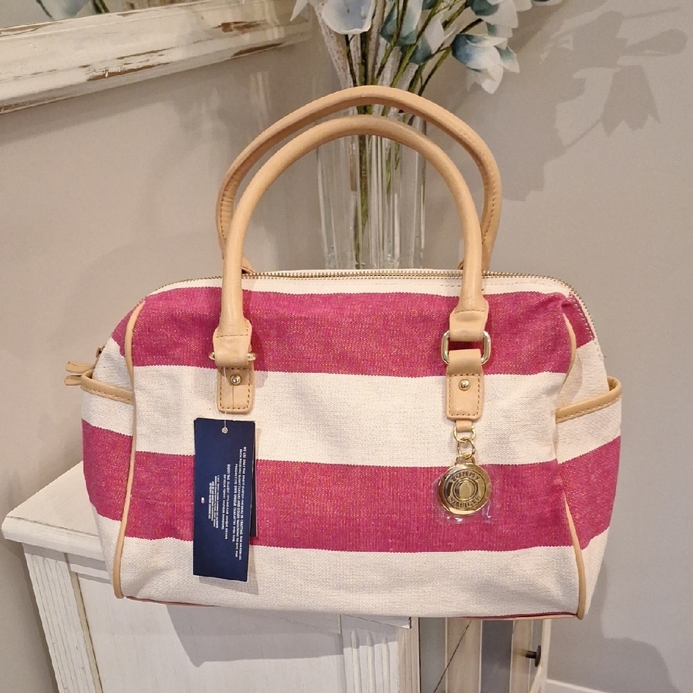 Pink and Cream Striped Women's Bag